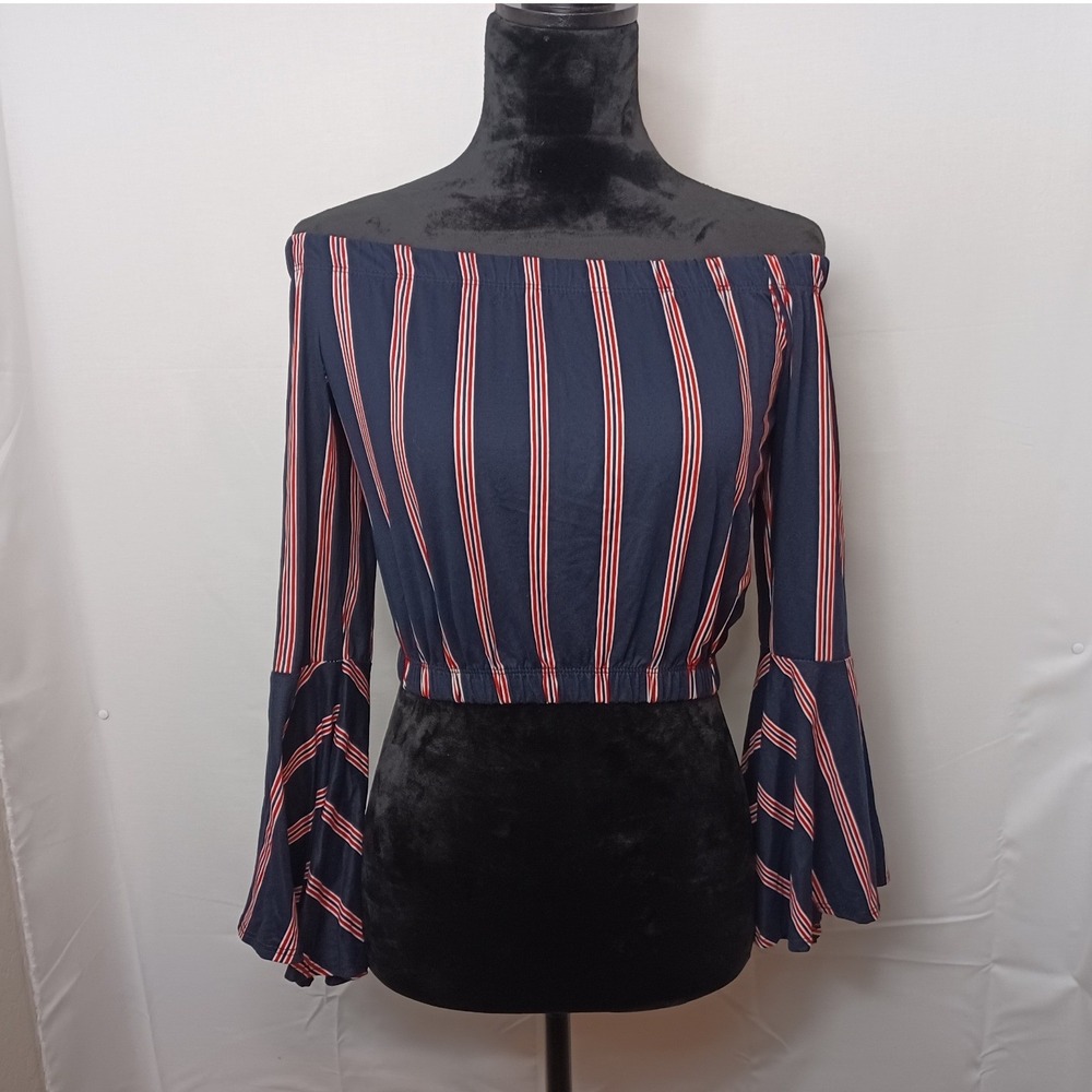 Women's Arabell Blue,Red,& White Stripe Off Shoulder Flare Cuff Blouse Size Med